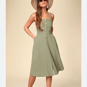 NEW Lulu’s Khaki Green Fit and Flare Sleeveless Midi Dress | Size M